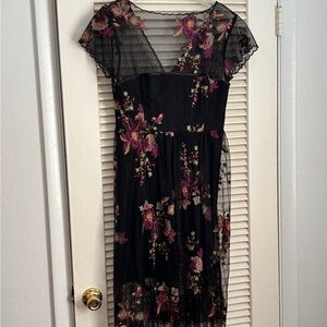 Tatyana Black Dress with Pink Floral Embroidery